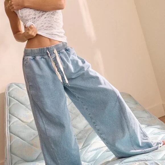 Aerie Soft Landing High Rise Wide Leg Raw Hem Trouser Pants Blue Denim Medium - Picture 1 of 10
